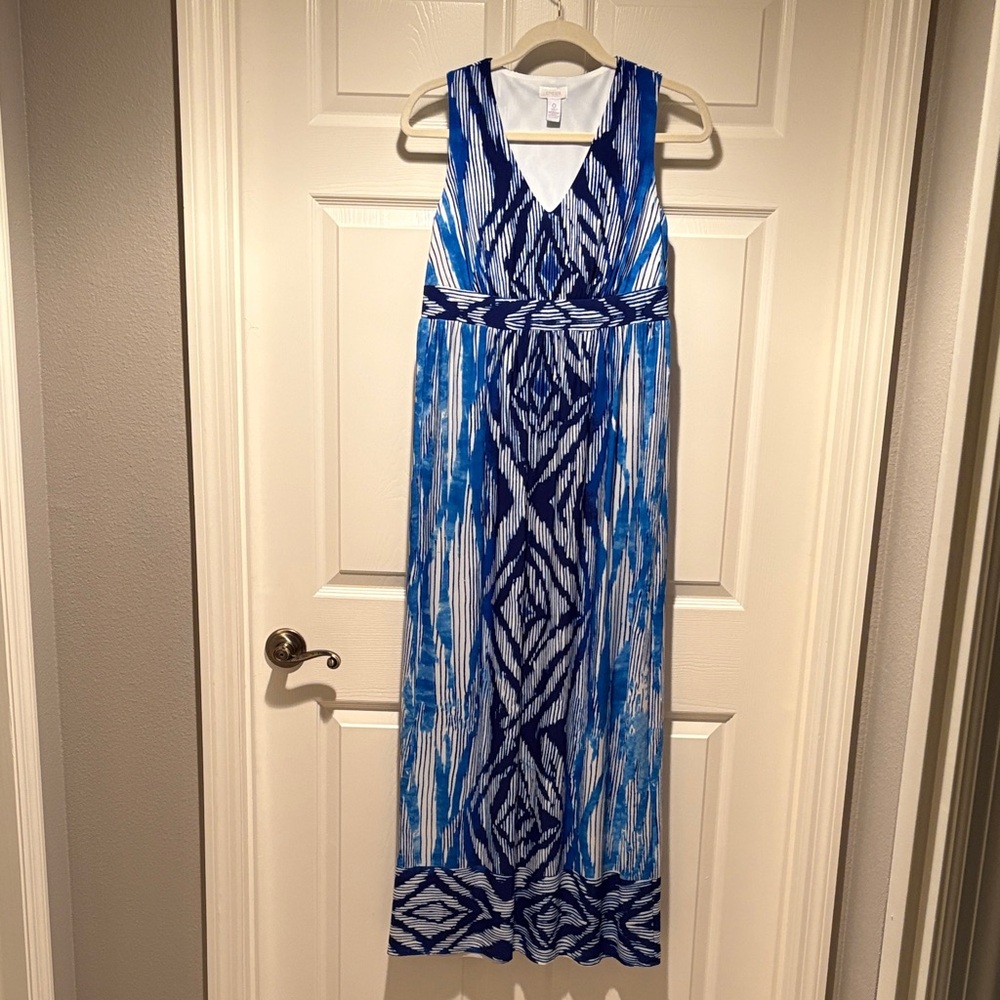 Chico's Blue & White V-Neck Patterned Maxi Dress Size 8
